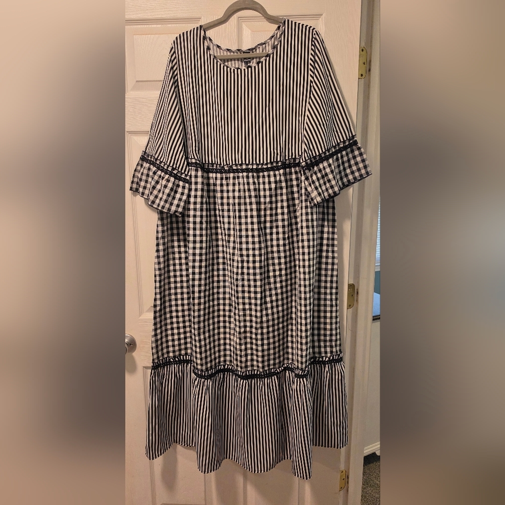 Striped & Gingham Black and White Midi Dress
